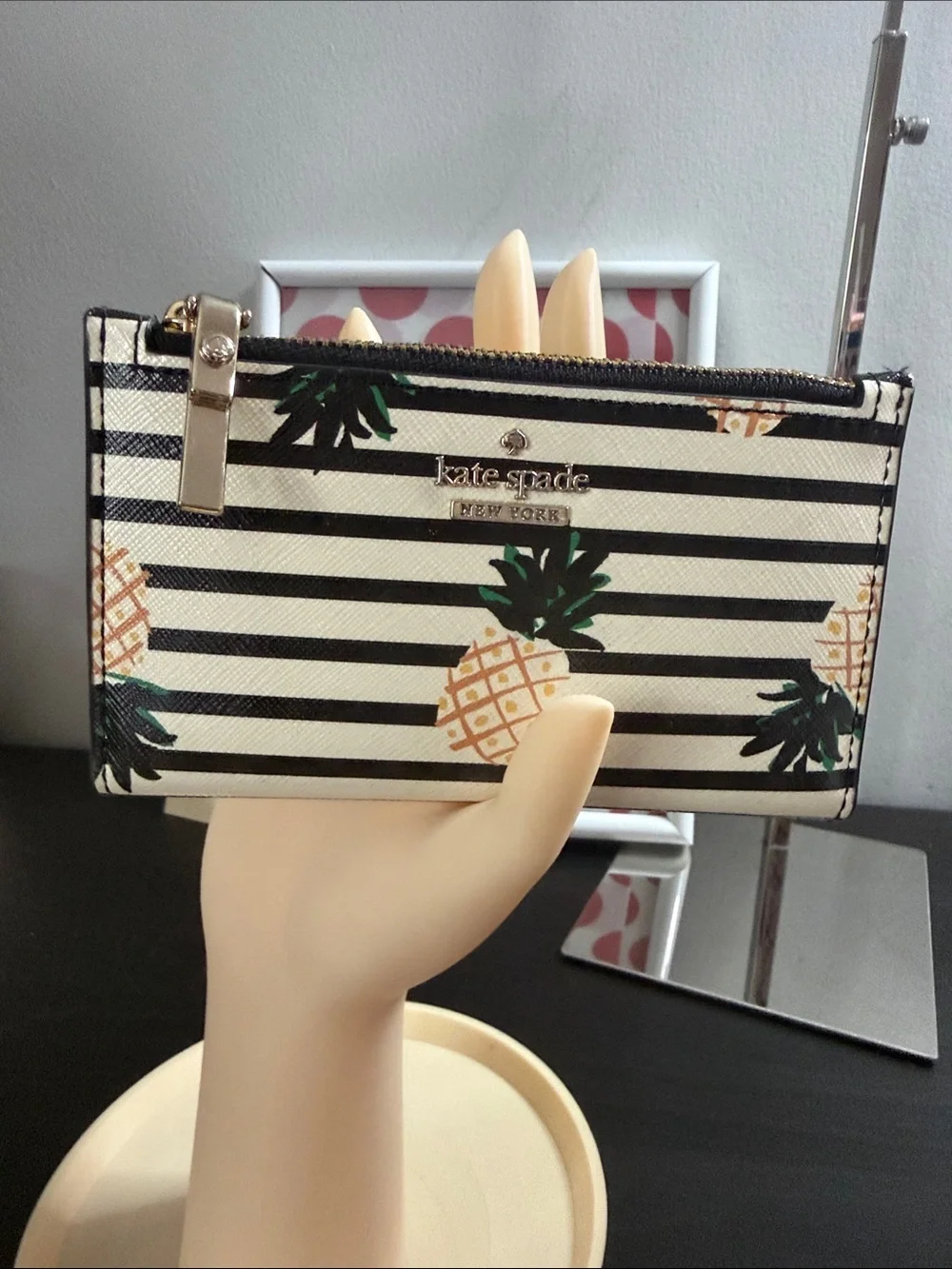 kate spade Black & White Striped Pineapple Zip Card Wallet